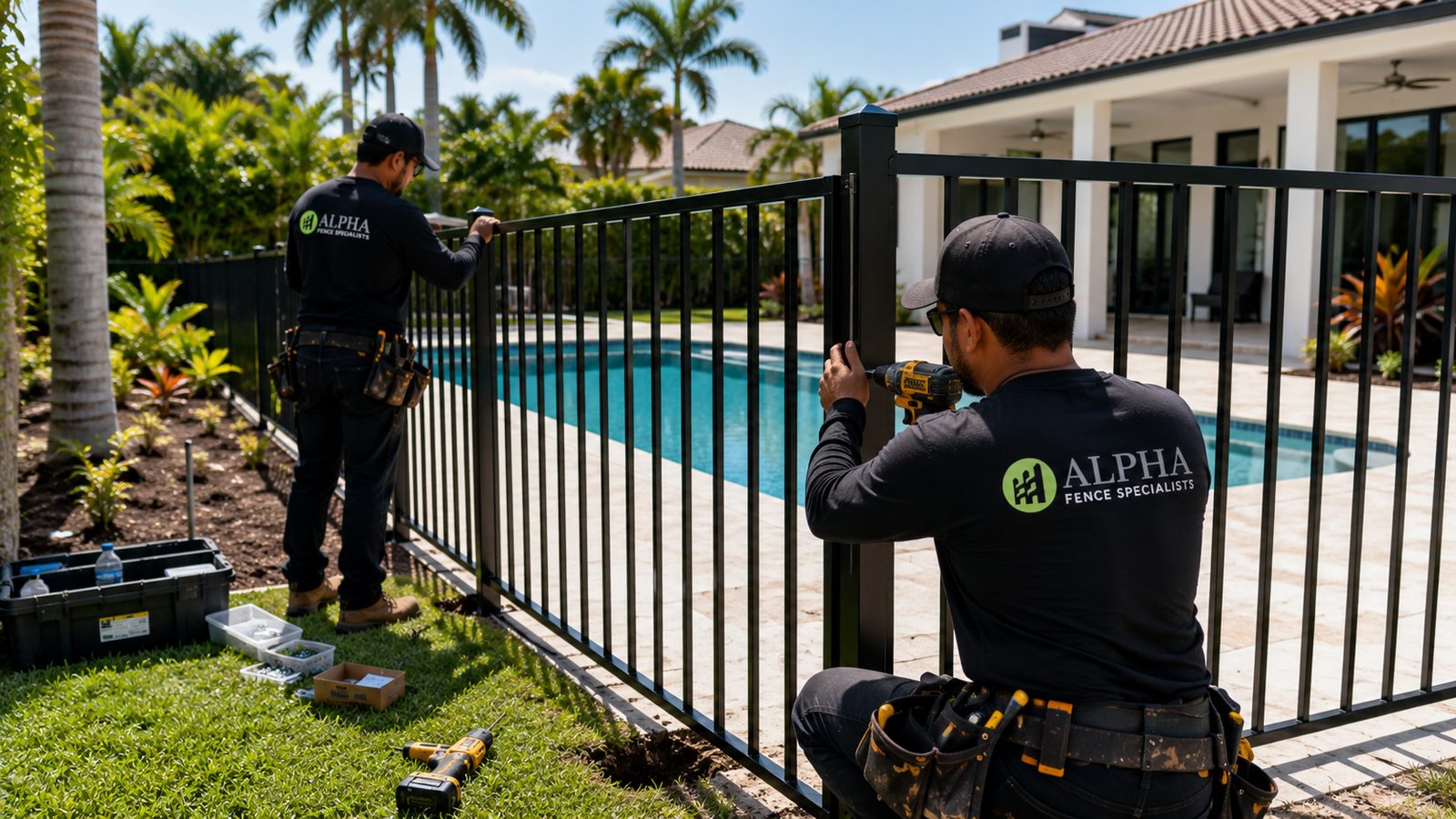Black aluminum pool fence install by Alpha Fence Specialists crew