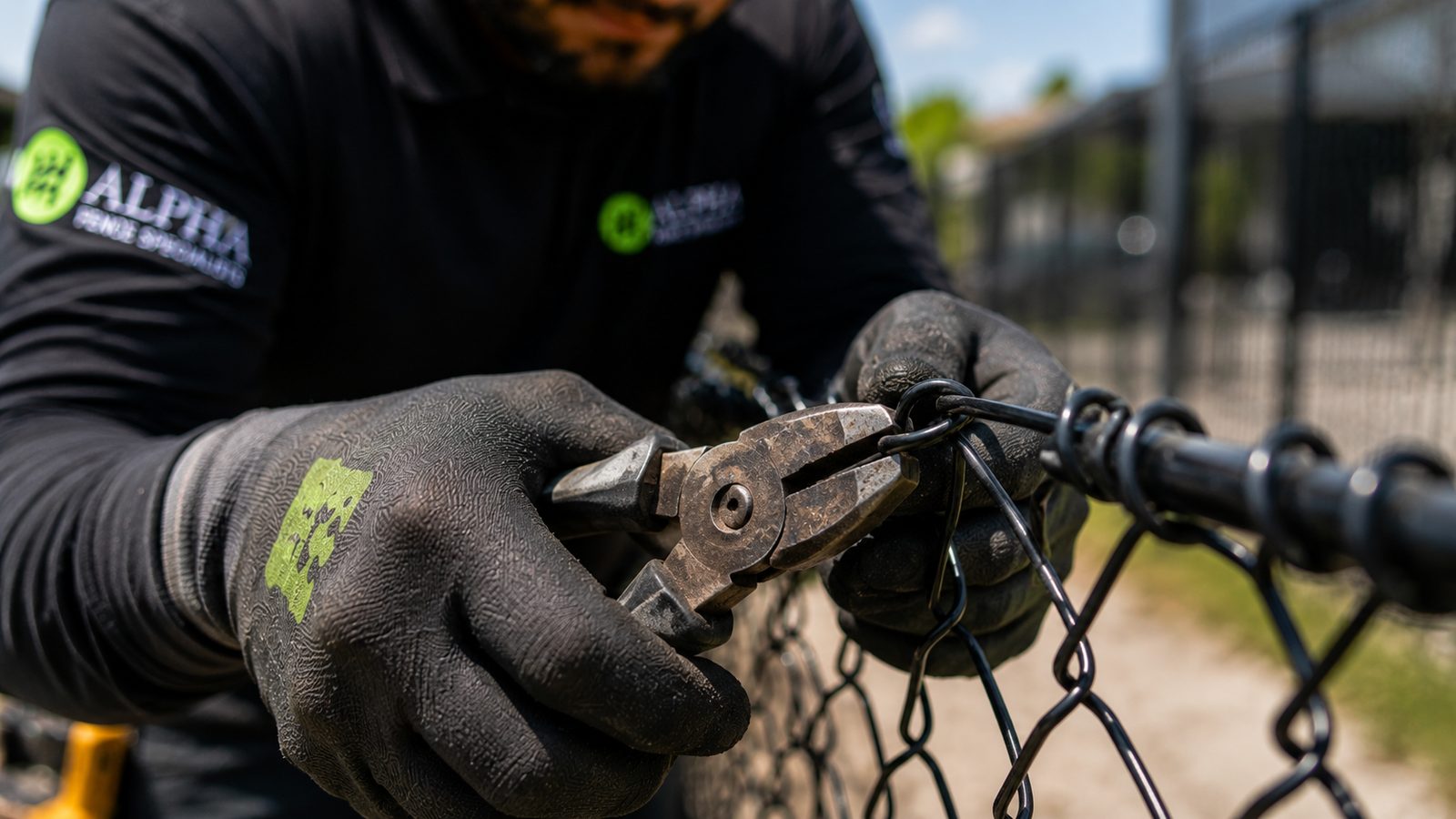 Black chain link fence detail being installed