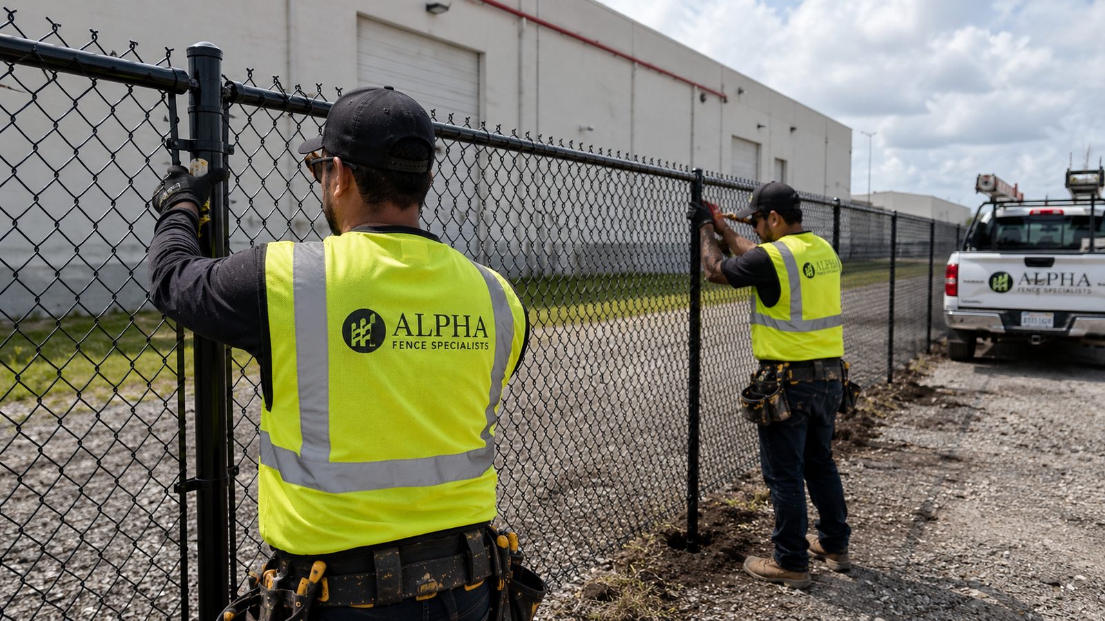 Black chain link commercial fence install by Alpha Fence Specialists