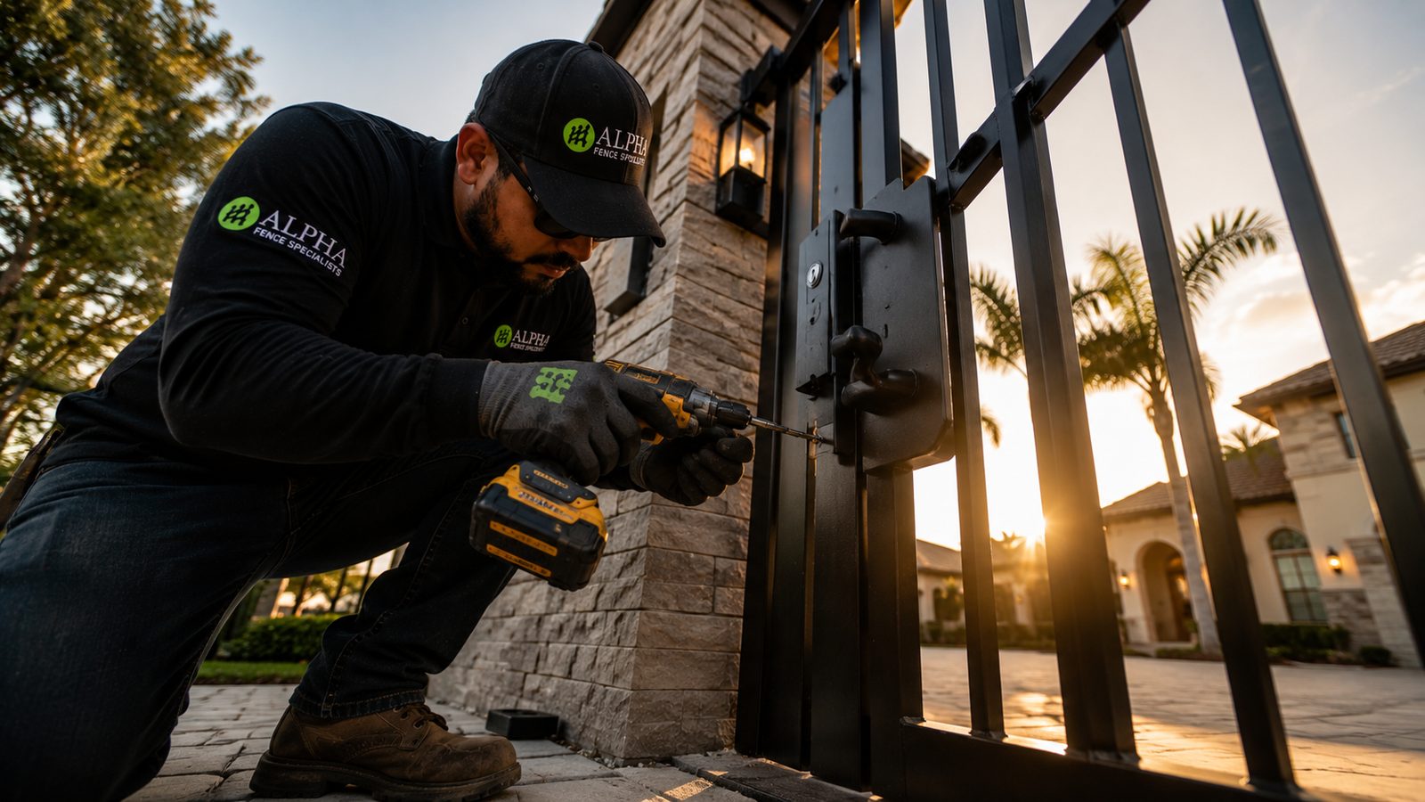 Black estate gate at sunset, stone columns, by Alpha Fence Specialists