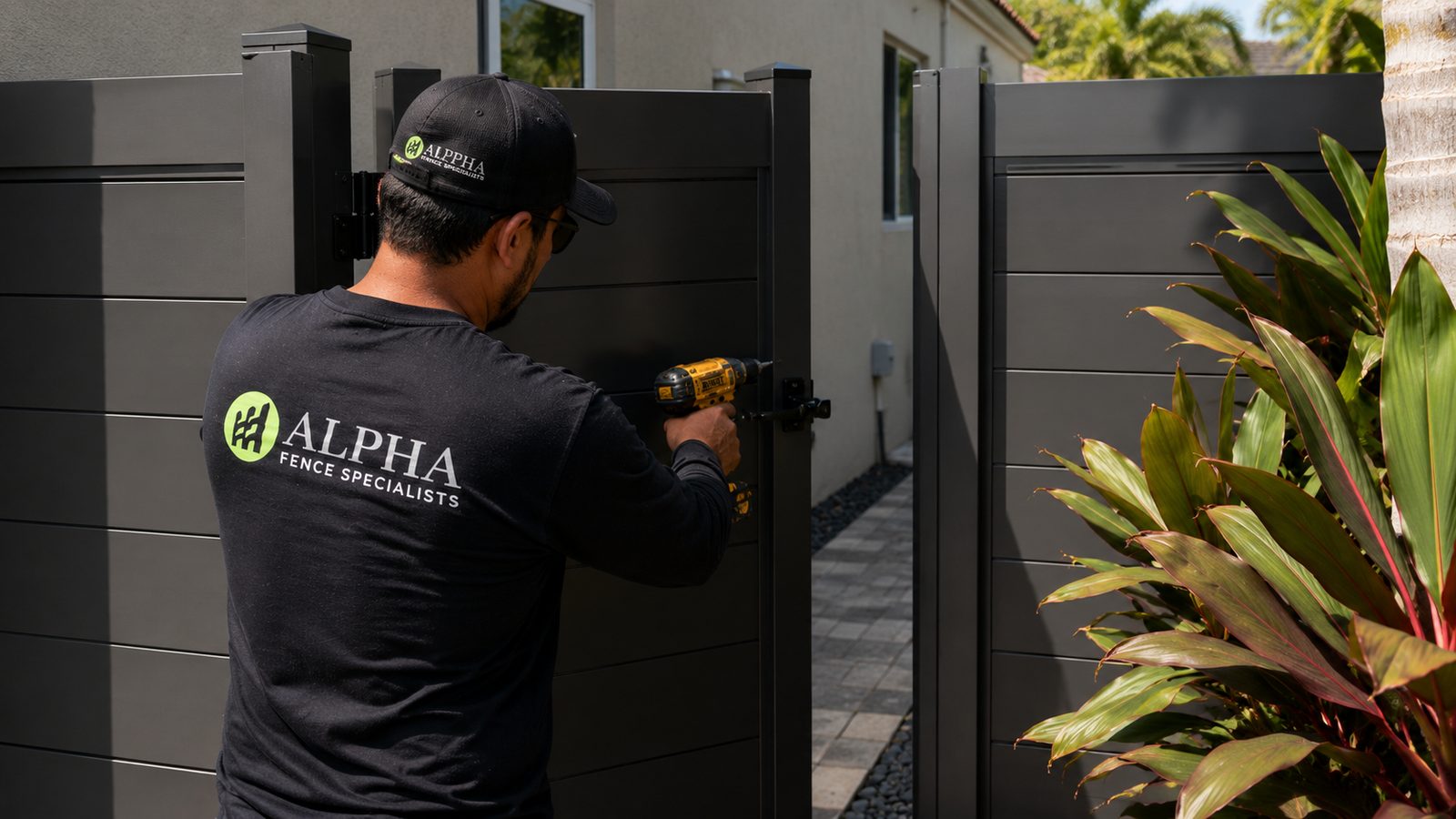 Modern black aluminum horizontal slat gate installation