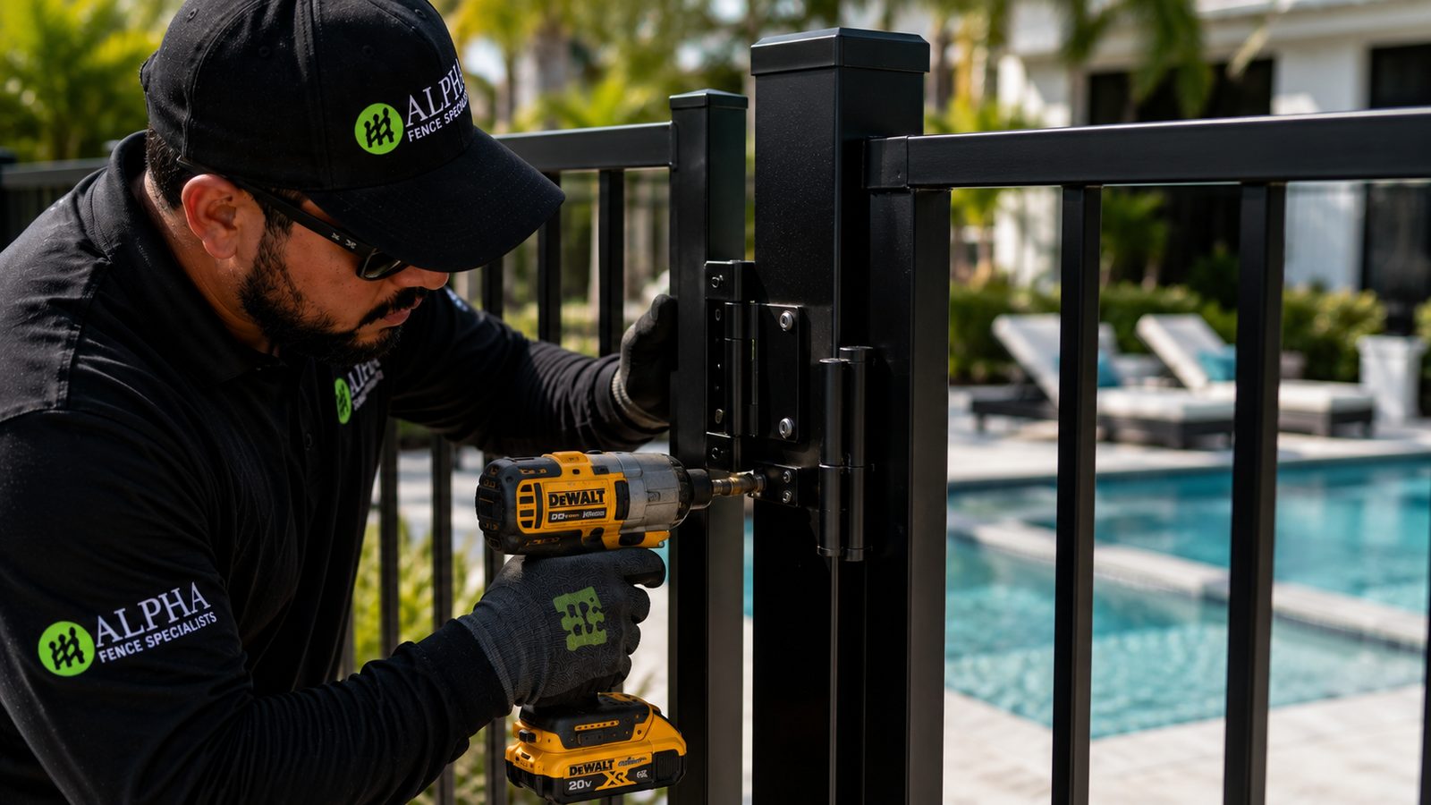 Pool-code aluminum gate detail with self-latching lock