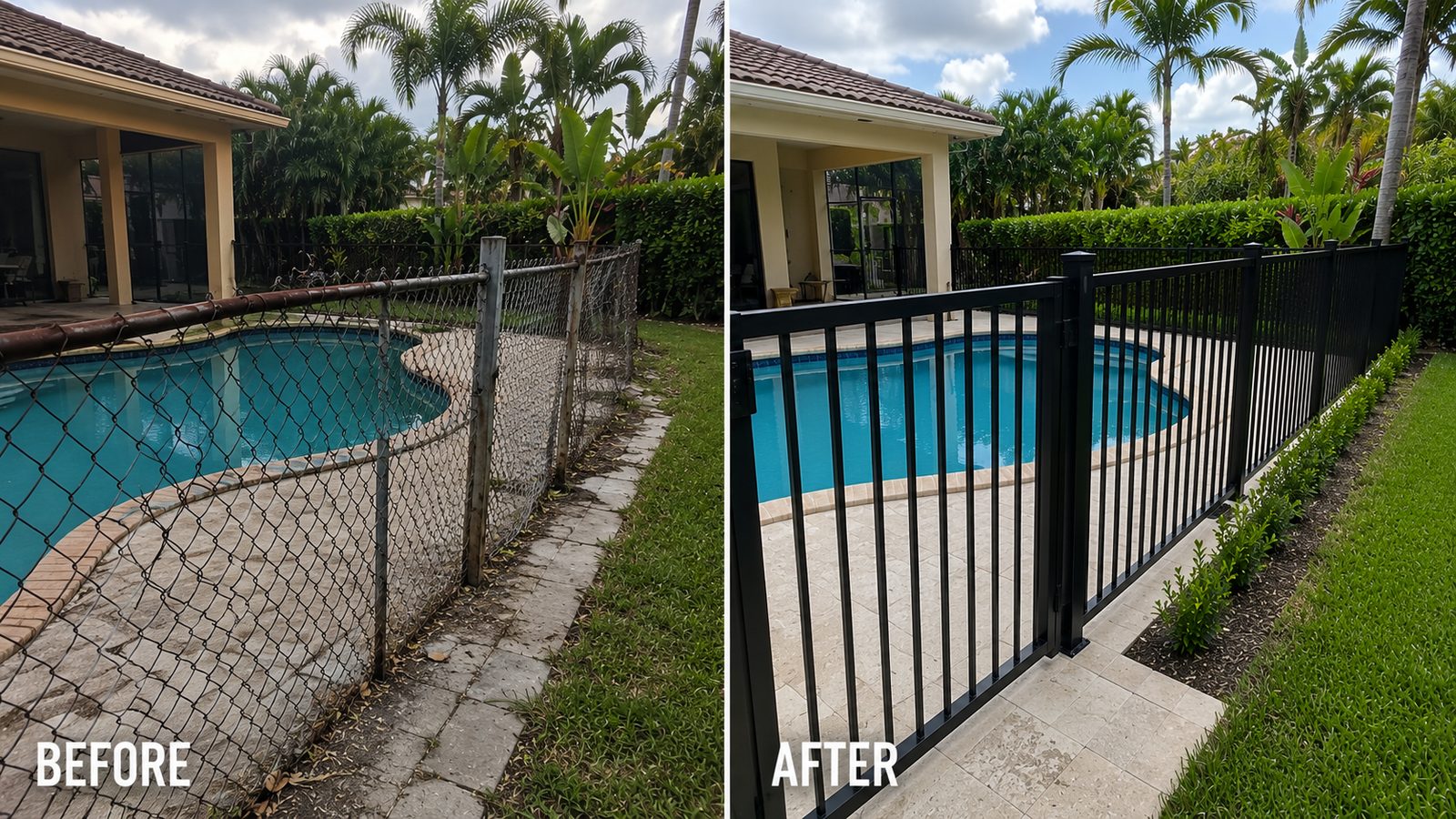 Before and after: deteriorated fence to modern aluminum