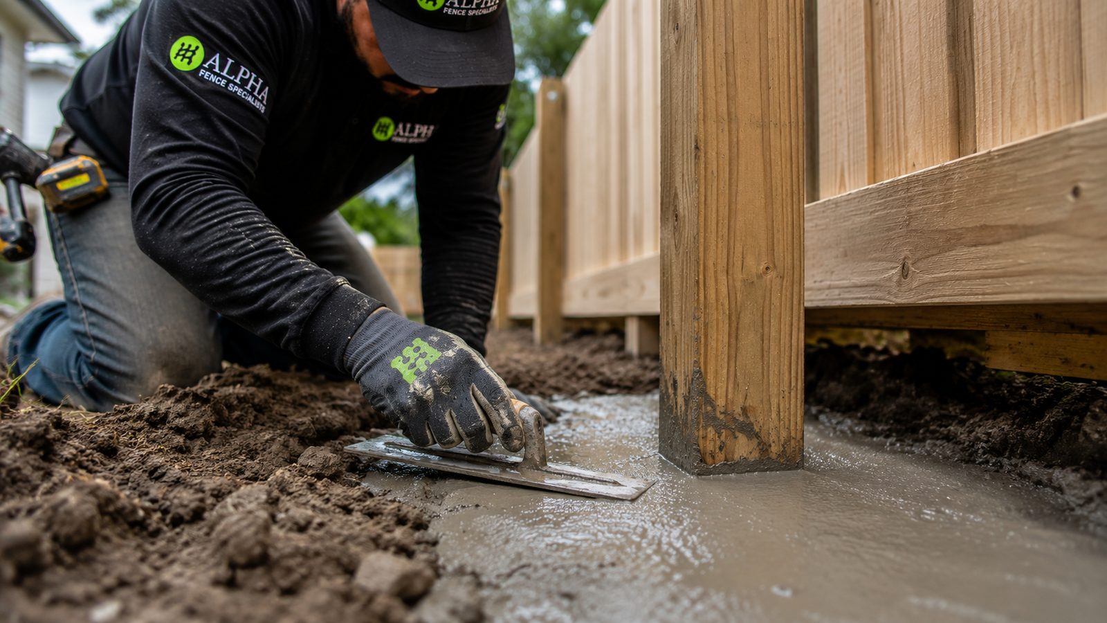 Alpha Fence crew member finishing concrete around fence post