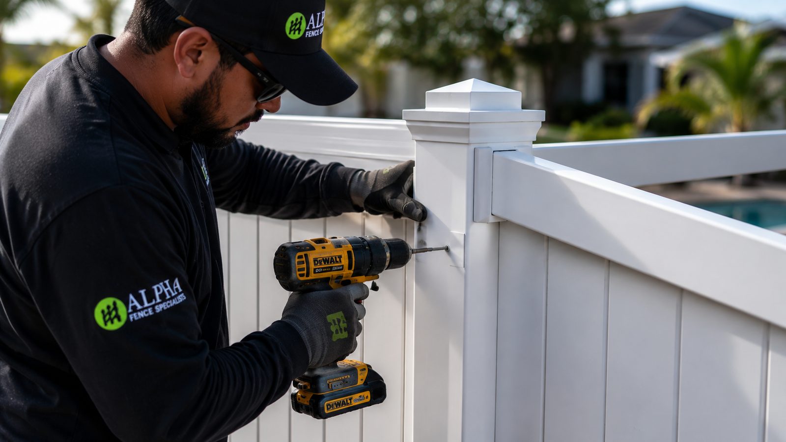 White vinyl privacy fence install detail