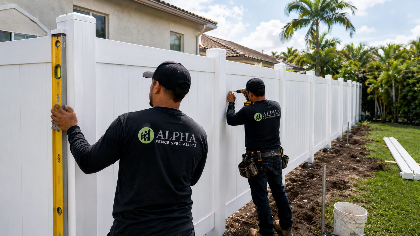 Alpha Fence Specialists installing white vinyl privacy fence