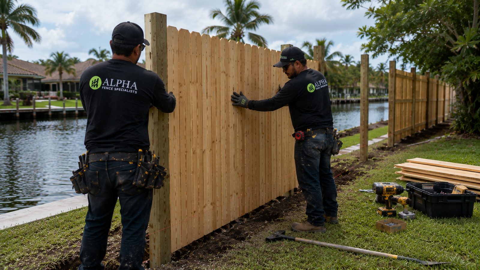 Cedar wood privacy fence installation on Palm Beach waterfront property